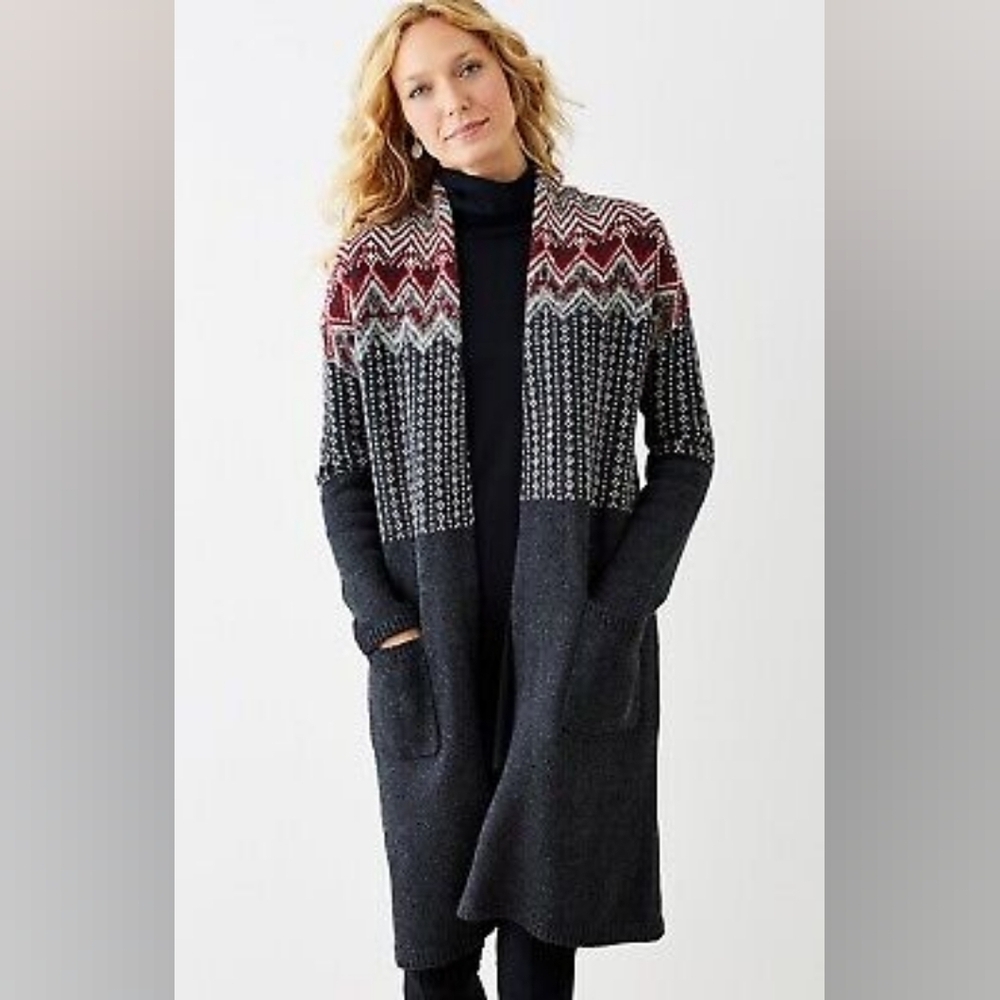 J Jill Newbury Topper Fair Isle Long Line Open Cardigan Wool Blend M